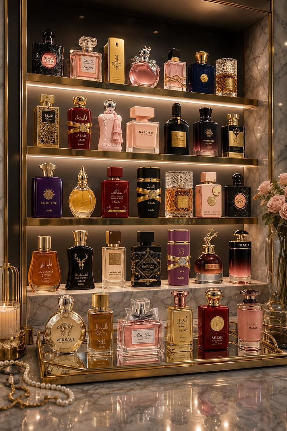 A shelf of perfume bottles lit in gold