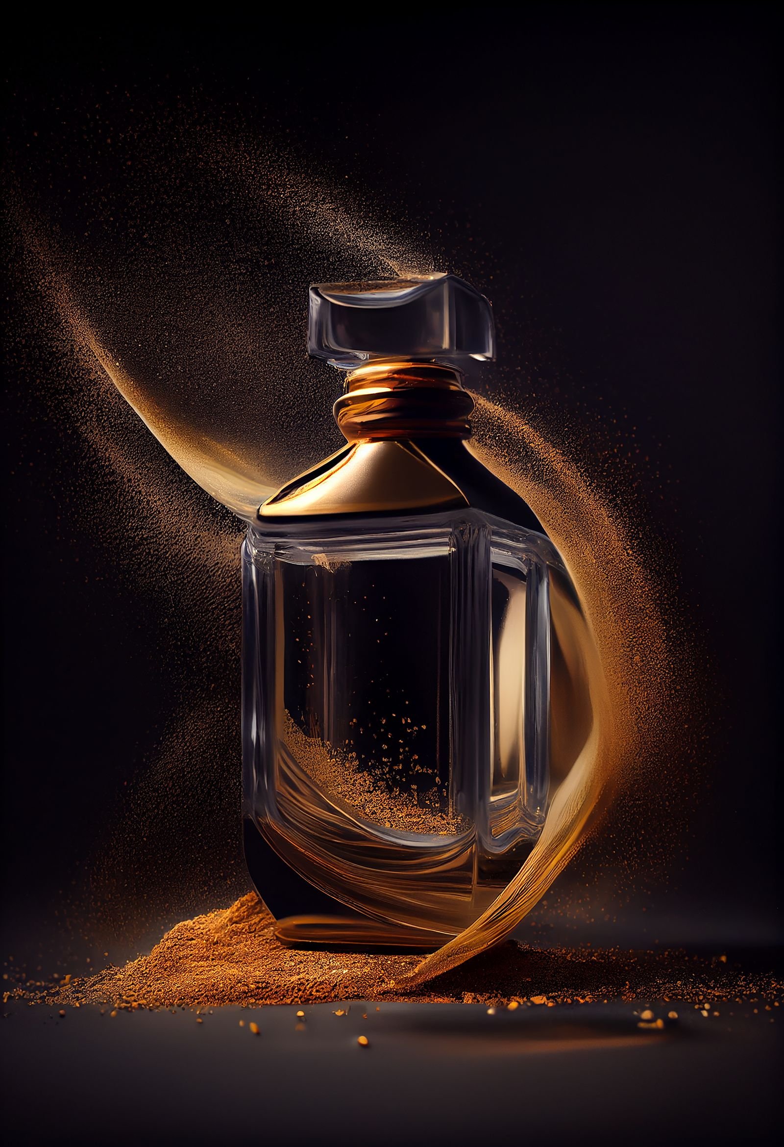 Safran Noir perfume bottle surrounded by drifting gold dust